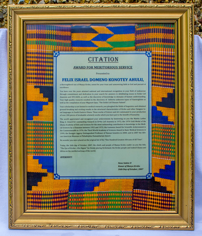 Award Citation for Meritorious Service presented by Nene Sakite II
